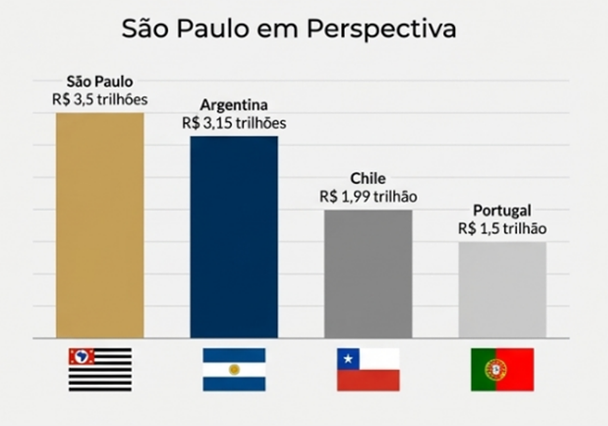 Gráfico São Paulo em Perspectiva: PIB de São Paulo (R$ 3,5 tri) comparado a Argentina, Chile e Portugal